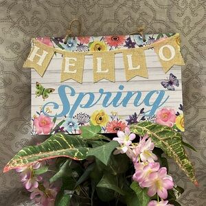 Blue Hello Spring Sign with Floral Design